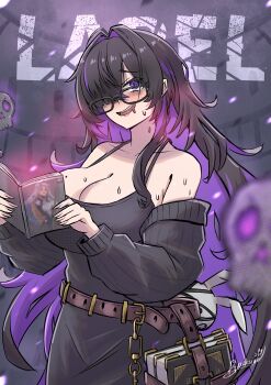 1girl absurdres backsine bare_shoulders belt belt_buckle bikini black_dress black_hair black_sweater blush book_holster breasts brown_belt buckle cleavage collarbone colored_inner_hair dress drooling glasses goddess_of_victory:_nikke hair_intakes highres label_(nikke) large_breasts looking_at_viewer messy_hair multicolored_hair off-shoulder_bikini off_shoulder open_mouth purple_eyes purple_hair rapunzel_(nikke) rapunzel_(pure_grace)_(nikke) skull smile solo streaked_hair sweater swimsuit