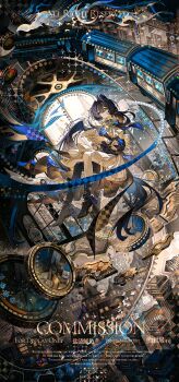 1girl absurdres asymmetrical_legwear black_eyes boots building closed_mouth commission dress floating flower frilled_dress frills full_body gears hair_between_eyes hair_intakes highres holding holding_paper long_hair long_sleeves mihuashi_commission mismatched_legwear mole mole_under_eye mole_under_mouth original paper plant pocket_watch ponytail purple_hair sidelocks smile smoke solo train watch watermark white_flower yan_zi_yao_yu