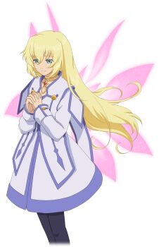 Rule 34 | 1girl, artist request, black pantyhose, blonde hair, blue eyes, blue trim, closed mouth, colette brunel, energy wings, game cg, gem, gold choker, highres, jewelry, long hair, necklace, official art, pantyhose, pink wings, praying, purple wings, red gem, smile, solo, tales of (series), tales of asteria, tales of symphonia, third-party source, transparent background, wings