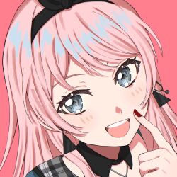 Rule 34 | 1girl, bang dream!, bang dream! it&#039;s mygo!!!!!, black hairband, blush, chihaya anon, commentary, detached collar, earrings, grey eyes, hairband, hand up, highres, index finger raised, jewelry, long hair, looking at viewer, nisaka (nini2plus), open mouth, pink background, pink hair, portrait, red nails, simple background, smile, solo