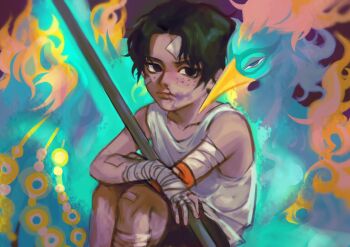 2boys alternate_form bandaged_arm bandages bandaid bandaid_on_arm bird black_hair blood blood_on_face closed_mouth commentary_request freckles highres holding holding_weapon insect_candy looking_at_viewer marco_(one_piece) multiple_boys one_piece phoenix portgas_d._ace short_hair tank_top weapon white_tank_top