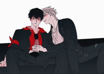 2boys adam&#039;s_apple aohitsugi_samatoki aohitsugi_samatoki_(tdd) arms_at_sides bandana bandana_around_arm belt black_hair black_jacket black_male_underwear black_pants black_shirt blush breath collarbone colored_eyelashes commentary couch ear_piercing earrings feet_out_of_frame from_below full-face_blush gakuran green_eyes grin groin hair_between_eyes hair_slicked_back handjob heavy_breathing heterochromia highres hood hood_down hoodie hypnosis_mic jacket jacket_over_hoodie jewelry lapels large_penis leather leather_jacket looking_at_penis loose_hair_strand male_focus male_underwear mcyeoneo mole mole_under_eye mullet multiple_boys necklace on_couch open_belt open_clothes open_fly open_jacket pale_skin pants parted_lips partially_unzipped penis piercing precum raised_eyebrows red_bandana red_eyes red_hoodie school_uniform shirt short_hair side-by-side silver_ring simple_background sitting sleeves_rolled_up smile spread_legs stud_earrings sweat torn_clothes torn_pants uncensored underwear unzipped veins very_short_hair whispering_in_ear white_background white_hair white_shirt wispy_bangs yamada_ichiro yamada_ichiro_(tdd) yaoi