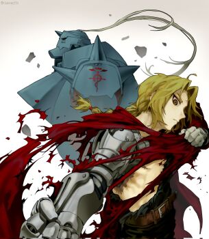 Rule 34 | 2boys, ahoge, alphonse elric, armor, belt, blonde hair, braid, brothers, brown belt, brown eyes, chlorine17x, clenched hand, closed mouth, coat, edward elric, full armor, fullmetal alchemist, gloves, gradient background, hashtag-only commentary, helm, helmet, highres, horns, long hair, mechanical arms, multiple boys, parted bangs, plate armor, plume, red coat, shoulder spikes, siblings, simple background, single braid, single horn, single mechanical arm, spikes, torn clothes, twitter username, upper body, white gloves