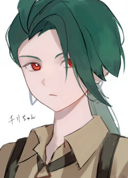 1girl bright_pupils brown_shirt character_name closed_mouth collared_shirt commentary_request earrings green_hair jewelry long_hair looking_at_viewer momiyon nintendo pokemon pokemon_sv portrait red_eyes rika_(pokemon) shirt simple_background solo suspenders white_pupils