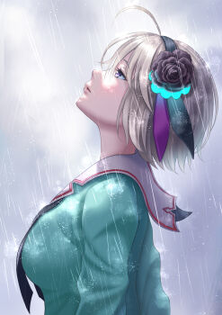 1girl absurdres ahoge aqua_jacket arms_at_sides black_flower black_hairband black_rose breasts commentary eyelashes flower from_side grey_hair grey_sky hair_between_eyes hair_flower hair_ornament hairband heaven_burns_red highres jacket kepekki_kanojo large_breasts long_sleeves looking_up minase_sumomo outdoors parted_lips profile purple_eyes rain rose short_hair sky solo tsurime upper_body wet wet_clothes wet_hair