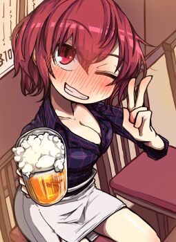 1girl alcohol awa_(bihidasu) beer beer_mug belt black_shirt blush breasts chair checkered_clothes checkered_shirt cleavage cup female_focus from_above full-face_blush grin hair_between_eyes highres horikawa_raiko long_sleeves looking_at_viewer looking_up medium_breasts mug one_eye_closed red_eyes red_hair shiny_clothes shirt short_hair sitting skirt smile solo table thighs tipsy touhou v wavy_hair white_skirt