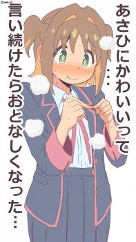 1girl artist_name bambi2000line black_jacket black_skirt blush bright_pupils brown_hair colored_inner_hair commentary_request embarrassed fang fang_out green_eyes hair_intakes highres jacket long_sleeves multicolored_hair neck_ribbon nose_blush oka_asahi onii-chan_wa_oshimai! open_clothes open_jacket orange_hair pleated_skirt red_ribbon ribbon school_uniform shirt short_hair simple_background skirt smile solo sweat translated twiddling_fingers two-tone_hair two_side_up white_background white_shirt wing_collar