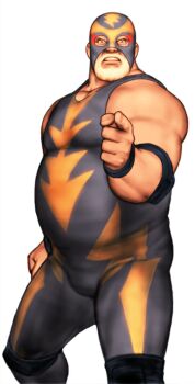 Rule 34 | 1boy, beard, blonde hair, capcom vs. snk, elbow pads, facial hair, fat, fat man, fatal fury, game cg, highres, looking at viewer, male focus, mori toshiaki, muscular, non-web source, official art, pointing, raiden (snk), simple background, solo, spandex, the king of fighters, white background, wrestling, wrestling mask, wrestling outfit