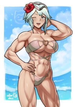1girl ;d abs absurdres alternate_costume arm_behind_head arm_up armpits bare_arms bare_shoulders bikini blue_hair breasts cleavage collarbone commission dagr_(fire_emblem) fire_emblem fire_emblem_heroes flower gluteal_fold hair_flower hair_ornament hand_on_own_hip headpiece heart heart_o-ring highres ko-fi_commission large_breasts looking_at_viewer muscular muscular_female navel nintendo o-ring o-ring_bikini ocean one_eye_closed open_mouth outdoors rotomdocs sandals short_hair smile solo stomach swimsuit thighs underboob
