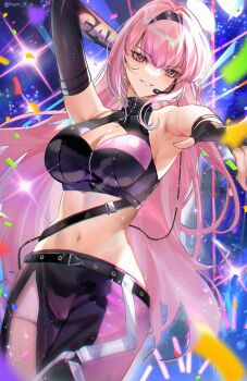 1girl arm_behind_head armpits belt black_gloves black_hairband black_pants breasts cleavage_cutout clothing_cutout collared_halterneck cowboy_shot crop_top fingerless_gloves gloves hairband hanh_chu headset hololive hololive_english large_breasts long_hair looking_at_viewer mori_calliope navel official_alternate_costume outstretched_arm pants pink_eyes pink_hair solo strap very_long_hair virtual_youtuber