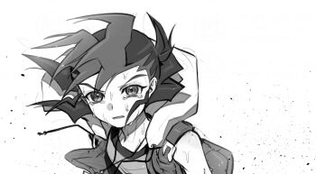 Rule 34 | 1boy, arms at sides, bare shoulders, colored bangs, crying, crying with eyes open, dirt, facing to the side, furrowed brow, grey eyes, grey hair, grey shirt, grey vest, highres, hood, hooded vest, hoodie, light particles, looking ahead, male focus, monochrome, open clothes, open mouth, open vest, shirt, sleeveless, sleeveless shirt, spiked hair, streaming tears, sweatdrop, teardrop, tearing up, tears, tomoribiyumeka, tsukumo yuma, upper body, vest, white background, white hood, wind, yu-gi-oh!, yu-gi-oh! zexal