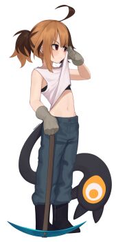 1girl absurdres ahoge artist_name bare_shoulders blush brown_gloves brown_hair brown_shoes closed_mouth clothes_lift crop_top earrings enigmatic_recollection from_side full_body gigi_murin gloves highres holding holding_pickaxe hololive hololive_english jewelry multicolored_hair navel pants pickaxe ponytail red_eyes shirt shirt_lift shoes simple_background smile solo stomach stud_earrings tail two-tone_hair virtual_youtuber white_background white_shirt yoako