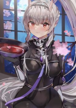 1girl alcohol black_bodysuit blush bodysuit breasts cherry_blossoms closed_mouth commentary_request commission covered_navel cup grey_hair hair_ornament hairband highres holding holding_cup horns hoshikuma_douji houchi_shoujo large_breasts long_hair looking_at_viewer maruro oni ponytail red_eyes sakazuki sake second-party_source sidelocks skeb_commission smile solo very_long_hair white_hair