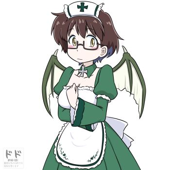 1girl apron arm_under_breasts blush breasts brown_eyes brown_hair cleavage closed_mouth collar commentary_request cosplay cowboy_shot cross deathsmiles demon_wings dodo_(yad-ddi) double-parted_bangs dress fake_wings follett_(deathsmiles) follett_(deathsmiles)_(cosplay) frilled_sleeves frills glasses green_collar green_dress hat highres imari_youko layered_sleeves long_sleeves medium_breasts nurse nurse_cap puffy_short_sleeves puffy_sleeves ruri_no_houseki short_hair short_over_long_sleeves short_sleeves simple_background solo white_apron white_background wide_sleeves wings