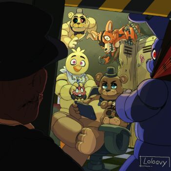 animal_ears animatronic bear_ears bib black_bow black_bowtie black_hat black_sclera blue_eyes bonnie_(fnaf) bow bowtie brown_fur brown_pants chair chica colored_sclera crossed_legs cupcake_(fnaf) electric_guitar eyepatch five_nights_at_freddy's five_nights_at_freddy's_1 fox_ears foxy_(fnaf) freddy_fazbear golden_freddy guitar hat heterochromia highres holding holding_guitar holding_instrument holding_tablet_pc hook_hand instrument locker loloavy looking_at_viewer office_chair on_chair pants purple_eyes purple_fur rabbit_ears red_eyes red_fur robot sharp_teeth sitting stitches swivel_chair tablet_pc teeth top_hat white_eyes wire yellow_eyes yellow_fur