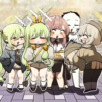 1boy 4girls :d :o absurdres aoba_(blue_archive) aoba_(mom's_touch)_(blue_archive) apologizing arms_up aru_(blue_archive) bag belt black_hair black_pantyhose black_shoes black_skirt blank_eyes blue_archive blush bow bow_hairband bowing breasts brick_floor brown_belt brown_hair brown_hoodie brown_jacket brown_shirt brown_skirt chibi chicken_(food) chroong closed_eyes coat collared_shirt cup demon_tail doodle_sensei_(blue_archive) fanny_pack food food_theft fried_chicken fur_coat green_hair grey_jacket hair_ornament hairband halo hand_in_pocket highres hikari_(blue_archive) hikari_(mom's_touch)_(blue_archive) holding holding_tray hood hoodie indoors jacket korean_commentary long_hair long_sleeves looking_at_another loose_socks miniskirt mom's_touch motion_lines multiple_girls neck_ribbon nozomi_(blue_archive) nozomi_(mom's_touch)_(blue_archive) official_alternate_costume open_mouth pantyhose pink_hair pink_halo pleated_skirt puffy_cheeks red_coat red_ribbon ribbon sensei_(blue_archive) shirt shoes shoulder_bag skirt sleeves_past_wrists smile socks sparkle standing sweatdrop tail thighhighs tray twintails very_long_hair yellow_bag yellow_bow yellow_eyes yellow_halo