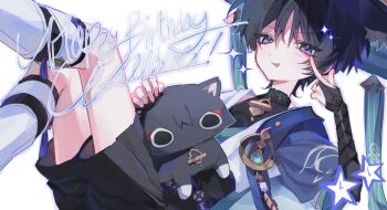 1boy absurdres blue_eyes blue_hair commentary_request dfee_0222 finger_to_face genshin_impact happy_birthday highres korean_commentary looking_at_viewer male_focus scaramouche_(cat)_(genshin_impact) scaramouche_(genshin_impact) shorts solo star_(symbol) stuffed_animal stuffed_toy tongue tongue_out wanderer_(genshin_impact) white_background