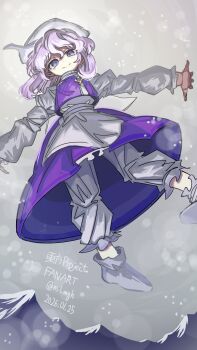 1girl apron blue_eyes blue_skirt blue_vest commentary_request flying full_body highres ichirugi letty_whiterock one_eye_covered skirt snowing solo touhou triangular_headpiece vest waist_apron white_hair