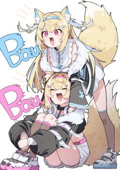 2girls animal_ears black_jacket black_thighhighs blonde_hair blue_hair breasts crop_top dog_ears dog_girl dog_tail dress fur-trimmed_jacket fur_trim fuwawa_abyssgard fuwawa_abyssgard_(1st_costume) hanten_(hantennano) headphones headphones_around_neck highres hololive hololive_english jacket large_breasts long_hair looking_at_viewer mococo_abyssgard mococo_abyssgard_(1st_costume) multicolored_hair multiple_girls open_mouth pink_hair shirt shoes shorts siblings sisters small_breasts smile streaked_hair tail thighhighs twins two_side_up virtual_youtuber white_dress white_shirt white_shoes white_shorts