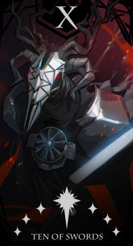 1boy absurdres animal_skull arknights armor black_armor card_(medium) chromatic_aberration commentary electric_fan english_commentary glowing glowing_eyes gradient_background highres holding holding_polearm holding_shield holding_weapon horns kotatsu_kaya light_particles male_focus minor_arcana_(tarot) patriot_(arknights) polearm red_background red_eyes shield shoulder_armor skull_on_head solo tarot upper_body weapon wendigo