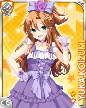 1girl alternate_costume blue_eyes bow brown_hair card_(medium) choker dress earrings female_focus flower frilled_dress frills girlfriend_(kari) hair_bow hair_flower hair_ornament jewelry koizumi_yuka_(gf_kari) official_art open_mouth pointing pointing_at_self purple_bow purple_dress qp:flapper raised_arm rose smile solo tagme yellow_background