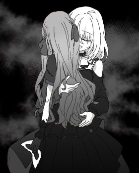 Rule 34 | 2girls, bang dream!, bang dream! it's mygo!!!!!, closed eyes, clothing cutout, doloris (bang dream!), dress, gloves, greyscale, hair ribbon, hand in another's hair, hand on another's waist, hug, long hair, long sleeves, mask, misumi uika, monochrome, multiple girls, open mouth, ribbon, setou (bpdne), short sleeves, shoulder cutout, skirt, smile, togawa sakiko, two side up, unworn mask, yuri