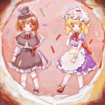 2girls :d :o aliaos alternate_headwear apron black_capelet black_sash black_shoes black_skirt blonde_hair blush blush_stickers bow bowtie brown_eyes brown_hair capelet collar commentary donut dress dress_bow food frills hair_between_eyes hair_bow hat hat_bow highres long_sleeves looking_inside maribel_hearn mary_janes medium_hair miniature mob_cap multiple_girls open_mouth puffy_long_sleeves puffy_short_sleeves puffy_sleeves purple_dress purple_eyes red_bow sash shirt shoes short_hair short_sleeves skirt sleeve_cuffs smile socks top_hat touhou usami_renko white_bow white_collar white_hat white_sash white_shirt white_socks wrist_cuffs