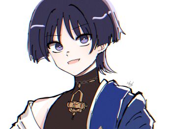 1boy black_bodysuit black_hair blue_cape blunt_ends bodysuit bright_pupils cape genshin_impact highres looking_at_viewer male_focus open_mouth pon_oi4 portrait purple_eyes scaramouche_(genshin_impact) single_off_shoulder sketch solo teeth turtleneck turtleneck_bodysuit upper_teeth_only wanderer_(genshin_impact) white_background white_pupils wispy_bangs