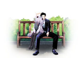 1boy 1girl absurdres aqua_necktie bench black_hair black_pants black_pantyhose black_shoes black_suit blue_archive blush brown_ribbon bush buttons clenched_hands closed_eyes closed_mouth collared_shirt commentary couple day diagonal-striped_clothes diagonal-striped_necktie double-breasted dress dress_shirt facing_viewer formal_clothes full_body grey_dress grey_hair hair_over_one_eye halo hetero highres kanoe_(blue_archive) leaning_on_person loafers long_hair nakamobu neck_ribbon necktie on_bench one_eye_covered orange_halo outdoors pants pantyhose park_bench pinafore_dress ribbon school_uniform sensei_(blue_archive) shirt shoes short_hair side-by-side sitting sleeping sleeping_on_person sleeveless sleeveless_dress smile spiked_hair striped_clothes suit two_side_up very_long_hair white_shirt wooden_bench