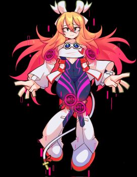 Rule 34 | 1girl, black background, black bodysuit, blaster master zero, blaster master zero 3, blonde hair, blue eyes, bodysuit, breasts, chocotoffy, cropped shirt, eve (blaster master zero), full body, gradient hair, highres, large breasts, multicolored hair, pink hair, shirt, simple background, solo, underboob, white shirt