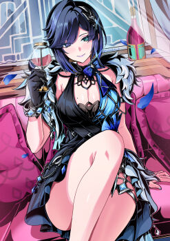 1girl absurdres alcohol bangle black_dress black_gloves blue_dress blue_hair bracelet breasts cup dress drinking_glass fur_collar genshin_impact gloves green_eyes hair_ornament hair_over_one_eye halter_dress halterneck highres holding holding_cup indoors jewelry large_breasts looking_at_viewer medium_hair mole mole_on_breast official_alternate_costume sitting smile solo twitter_username two-tone_dress wine wine_glass yelan_(genshin_impact) yelan_(tranquil_banquet)_(genshin_impact) yuito_(yuitokobunasbs0)