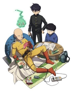 3boys :/ bag bag_of_chips bald bean_bag_chair belt black_belt black_eyes black_hair black_jacket black_pants blue_sweater blush_stickers book boots bowl_cut brothers buttons cable cape cellphone closed_mouth commentary controller creator_connection crossover crumbs cup drinking_glass drinking_straw ekubo_(mob_psycho_100) elbow_gloves eraser flip_phone gakuran game_controller gloves hair_between_eyes hand_on_own_hip high_collar highres jacket juice jumpsuit kageyama_ritsu kageyama_shigeo knee_up long_sleeves looking_at_another looking_at_object male_focus mob_psycho_100 multiple_boys namo_(mubulike) one-punch_man open_book open_mouth orange_juice pants parted_lips pencil phone poke_ball power_strip purple_lips red_boots red_gloves rug saitama_(one-punch_man) school_uniform short_hair siblings sideways_mouth sitting spirit standing superhero_costume sweatdrop sweater symbol-only_commentary white_background white_cape yellow_jumpsuit zipper zipper_pull_tab