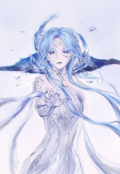 1girl bare_shoulders blue_background blue_dress blue_eyes blue_eyeshadow blue_gloves blue_hair blue_lips blue_theme born_flawless_(infinity_nikki) chinese_commentary choker circlet commentary_request cowboy_shot cracked_skin dress elbow_gloves expressionless eyeshadow feather-trimmed_dress feather_hair_ornament feathers floating_hair gloves hair_ornament highres ice infinity_nikki lipstick long_hair looking_at_viewer makeup nikki_(series) outline outstretched_hand simple_background solo strapless strapless_dress ther417 variant_set very_long_hair white_outline