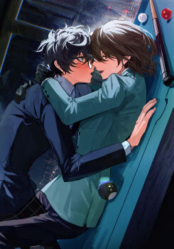 2boys absurdres akechi_gorou amamiya_ren arm_support arms_around_neck ball billiard_ball black-framed_eyewear black_eyes black_gloves black_hair black_jacket black_pants blush brown_hair cowboy_shot cue_stick fingernails fsmaichobpeg0 glasses gloves green_jacket highres indoors jacket long_sleeves looking_at_another lying male_focus messy_hair multiple_boys on_back on_table open_mouth pants persona persona_5 plaid_clothes plaid_pants pool_table red_eyes school_uniform short_hair shuujin_academy_school_uniform sideways smile table upper_body yaoi