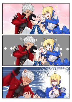 1girl 2boys archer_(fate) archer_(honkai:_star_rail)_(fate) artoria_pendragon_(fate) blonde_hair blue_dress coat cu_chulainn_(fate) cu_chulainn_(fate/stay_night) cu_chulainn_(honkai:_star_rail)_(fate) cu_chulainn_(lancer)_(fate) dark-skinned_male dark_skin dress fate/stay_night fate/unlimited_blade_works fate_(series) heart heart_hands highres honkai:_star_rail honkai_(series) hsrmangakichi multiple_boys red_coat saber_(fate) saber_(honkai:_star_rail)_(fate) smile