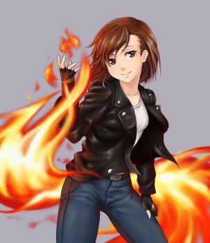 1girl alternate_element asymmetrical_bangs belt black_gloves black_jacket blue_pants breasts brown_belt brown_eyes brown_hair closed_mouth collarbone commentary_request cosplay cowboy_shot denim fingerless_gloves fire gloves grey_background hand_on_own_hip hand_up jacket jeans kusanagi_kyou kusanagi_kyou_(cosplay) leather leather_jacket long_sleeves looking_at_viewer medium_hair misaka_mikoto open_clothes open_jacket pants partial_commentary pyrokinesis shirt simple_background small_breasts smile solo standing the_king_of_fighters toaru_kagaku_no_railgun toaru_majutsu_no_index white_shirt you_xi_feng