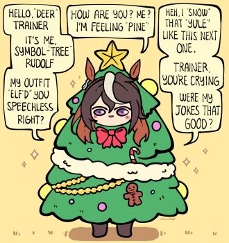 1girl animal_ears black_pantyhose blush_stickers bow brown_hair candy candy_cane christmas_ornaments christmas_star christmas_tree christmas_tree_costume english_text food gingerbread_man hair_between_eyes highres horse_ears horse_girl lilpoplil2468 long_hair looking_at_viewer multicolored_hair pantyhose parted_lips pun purple_eyes red_bow speech_bubble streaked_hair symboli_rudolf_(christmas_emperor_tree)_(umamusume) symboli_rudolf_(umamusume) tree_costume umamusume white_hair