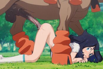 1boy 1girl animal_penis bestiality blue_eyes blue_hair bottomless butterchalk day erection from_side gen_7_pokemon hetero highres horse horse_penis imminent_penetration kneehighs liko_(pokemon) loli looking_at_viewer looking_to_the_side mudsdale nintendo on_grass open_mouth outdoors penis pokemon pokemon_(anime) pokemon_(creature) pokemon_horizons pokephilia shirt short_sleeves socks solo_focus testicles top-down_bottom-up uncensored vaginal white_shirt white_socks