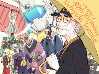 3girls 6+boys alien amandara_kamandara aobito_sukoyaka_bystander black_eyes black_hair black_jacket blonde_hair brain carozzo_ronah char_aznable cigar cigarette collared_shirt colored_skin creator_connection crossover cumpa_rusita densetsu_kyojin_ideon dianna_soreil don_zauther dress facial_hair green_skin grey_hair gundam gundam_f91 gundam_g_no_reconguista hair_behind_ear haman_karn happy_birthday helmet highres holding holding_umbrella ideon jacket juusenki_l-gaim killer_the_butcher long_hair mecha military military_uniform mobile_suit_gundam multiple_boys multiple_crossover multiple_girls mustache muteki_choujin_zambot_3 muteki_koujin_daitarn_3 one_eye_closed open_mouth orange_shirt pants pink_hair purple_jacket purple_pants real_life rean_no_tsubasa red_dress red_jacket robot sakomizu_shinjirou seisenshi_dunbine sentou_mecha_xabungle shirt short_hair shot_weapon smile smirk smoking sunglasses tomino_yoshiyuki triton turn_a_gundam umbrella umi_no_triton v-fin visor winged_footwear yellow_eyes zeon zeta_gundam