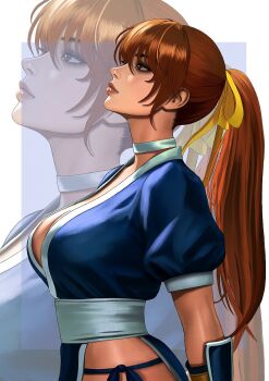 1girl blue_background blue_kimono border breasts brown_hair cleavage cowboy_shot dead_or_alive eyelashes from_side highres japanese_clothes kasumi_(doa) kimono kittymiya large_breasts profile solo_focus white_border