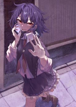 1girl absurdres alternate_eye_color black_hair black_skirt black_vest boots bow brown_boots buttons cellphone collared_shirt evening frilled_skirt frills hair_between_eyes hair_bow highres holding holding_phone listening looking_at_viewer muraryo nail_polish necktie no_headwear open_mouth orange_eyes outdoors phone red_nails shirt short_hair skirt sleeve_cuffs smartphone solo talking_on_phone touhou usami_renko vest waving white_bow white_shirt