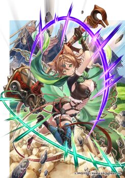 1girl absurdres animal_ears black_gloves black_shorts blue_thighhighs braid breasts brown_hair cat_ears cat_girl cat_tail cleavage clenched_teeth cloak copyright_notice crown_braid debris destruction feuille_(z/x) gloves green_cloak green_eyes hair_ornament hammer highres holding holding_hammer hori_airi huge_weapon large_breasts looking_at_viewer official_art outdoors short_braid short_sleeves shorts solo tail teeth thighhighs twin_braids weapon z/x