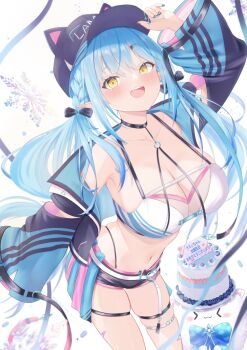 1girl animal_hat asymmetrical_legwear baseball_cap belt black_choker black_hat black_jacket black_shorts blue_hair braid breasts cat_hat choker cleavage commentary_request elf hair_between_eyes hat highres hololive jacket kei_(keiillustrator) large_breasts long_hair long_sleeves looking_at_viewer low_twintails navel official_alternate_costume open_clothes open_jacket open_mouth pointy_ears short_shorts shorts side_braids solo stomach thigh_strap twintails very_long_hair virtual_youtuber white_belt yellow_eyes yukihana_lamy yukihana_lamy_(cyber)