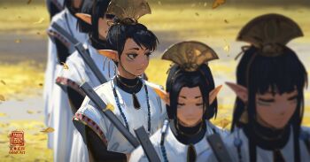 6+girls artist_name blunt_bangs blunt_ends blurry brown_eyes closed_eyes commentary depth_of_field earrings english_commentary facepaint ginkgo_leaf hair_bun hair_ribbon headdress highres holding jewelry kan_liu_(666k) layered_sleeves leaf long_hair long_sleeves looking_to_the_side multiple_girls necklace original outdoors parted_bangs pointy_ears ribbon robe seal_impression short_hair short_over_long_sleeves short_sleeves sidelocks signature swept_bangs three-quarter_sleeves upper_body white_robe