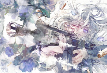 1girl absurdres arm_strap battle_rifle blue_flower blurry buttons commentary_request depth_of_field earrings flower grey_hair grey_shirt gun highres holding holding_gun holding_weapon jewelry kao_(277029) long_sleeves open_mouth original purple_eyes rifle shell_casing shirt smile solo upper_body weapon white_background
