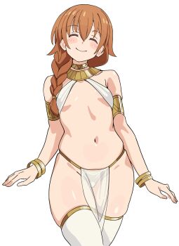 1girl absurdres blush braid breasts brown_hair closed_eyes closed_mouth hand_up harem_outfit highres inami_mahiru&#039;s_mother long_hair mature_female navel noyama_takenoko pelvic_curtain second-party_source simple_background small_breasts smile standing stomach thighhighs thighs waving white_background white_thighhighs working!!