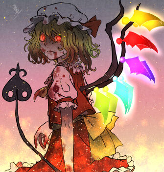 1girl ascot back_bow blonde_hair blood blood_from_mouth blood_on_clothes blood_on_hands bow closed_mouth commentary_request cowboy_shot crystal crystal_wings fang fang_out flandre_scarlet frilled_skirt frills glowing glowing_eyes glowing_wings hat hat_ribbon highres holding holding_weapon laevatein_(touhou) making-of_available matanukisuna mob_cap multicolored_wings red_eyes red_skirt red_vest ribbon signature skirt skirt_set slit_pupils solo touhou vest weapon white_hat wings yellow_ascot yellow_bow