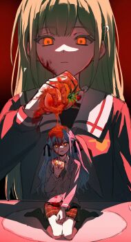 Rule 34 | 2girls, absurdres, bang dream!, bang dream! it's mygo!!!!!, black ribbon, blazer, blood, blood on clothes, blood on face, blood on hands, blue hair, chinese commentary, closed mouth, collared shirt, commentary request, expressionless, food, glowing, glowing eyes, green hair, green skirt, grey jacket, hair ornament, hair ribbon, hairclip, haneoka school uniform, highres, holding, holding food, jacket, long hair, long sleeves, looking at another, looking at viewer, mini person, minigirl, mortis (bang dream!), mortis (persona) (bang dream!), multiple girls, necktie, orange eyes, plaid clothes, plaid skirt, plate, pleated skirt, red background, ribbon, school uniform, shirt, sidelocks, sitting, skirt, squash, striped necktie, table, togawa sakiko, tomato, tsukinomori school uniform, two side up, wakaba mutsumi, white shirt, winter uniform, yellow eyes, zx277x