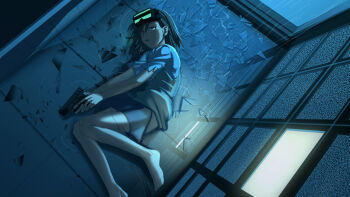 Rule 34 | 1girl, bare arms, bare legs, barefoot, blue theme, broken glass, brown eyes, brown hair, brown sweater, brown sweater vest, brown vest, chibiibiru, collared shirt, commentary request, eyewear on head, feet, foot out of frame, from above, glass, glass shards, glowing, goggles, goggles on head, grey skirt, gun, hair between eyes, handgun, holding, holding gun, holding weapon, indoors, injury, looking at viewer, lying, medium hair, miniskirt, misaka imouto, mixed-language commentary, night vision device, on floor, on side, open mouth, pleated skirt, reflective floor, school uniform, screen, shards, shirt, short sleeves, skirt, sleeveless, solo, static, summer uniform, sweater, sweater vest, toaru kagaku no railgun, toaru majutsu no index, tokiwadai school uniform, torn clothes, torn shirt, torn sleeve, vest, weapon, weapon request, wet floor, white shirt