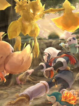 Rule 34 | 1girl, akari (pokemon), black hair, black sash, blue kimono, closed eyes, closed mouth, commentary request, cyndaquil, fire, galaxy expedition team survey corps uniform, gen 2 pokemon, gen 5 pokemon, gen 7 pokemon, glowing, glowing eyes, headscarf, highres, hisuian poke ball, holding, holding poke ball, holding sack, holding seashell, itsudzumi, japanese clothes, kimono, kleavor, long hair, motion blur, nintendo, no pupils, obi, oshawott, outdoors, poke ball, pokemon, pokemon (creature), pokemon legends: arceus, red scarf, rowlet, sack, sash, scarf, starter pokemon trio, tree, v-shaped eyebrows, v-shaped eyes, water, white headscarf